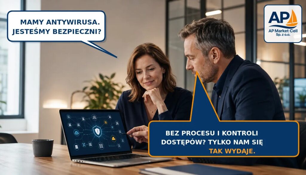 Właścicielka firmy pyta konsultanta, czy antywirus wystarczy do ochrony danych, podczas analizy zabezpieczeń cyfrowego ekosystemu przedsiębiorstwa