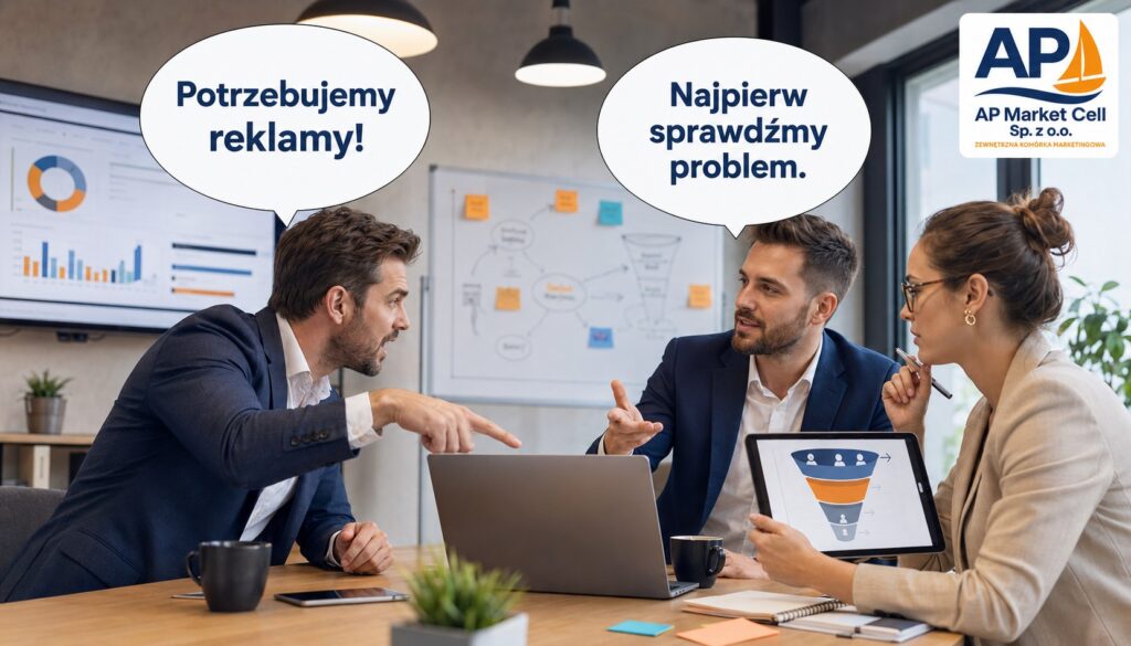 Zespół AP Market Cell diagnozujący ofertę, reklamę, stronę internetową i proces sprzedaży firmy przed wyborem działań marketingowych
