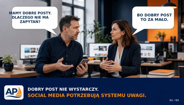 Właściciel firmy pyta ekspertkę, dlaczego dobre posty nie przynoszą zapytań; grafika przedstawia potrzebę budowania systemu uwagi w social mediach.