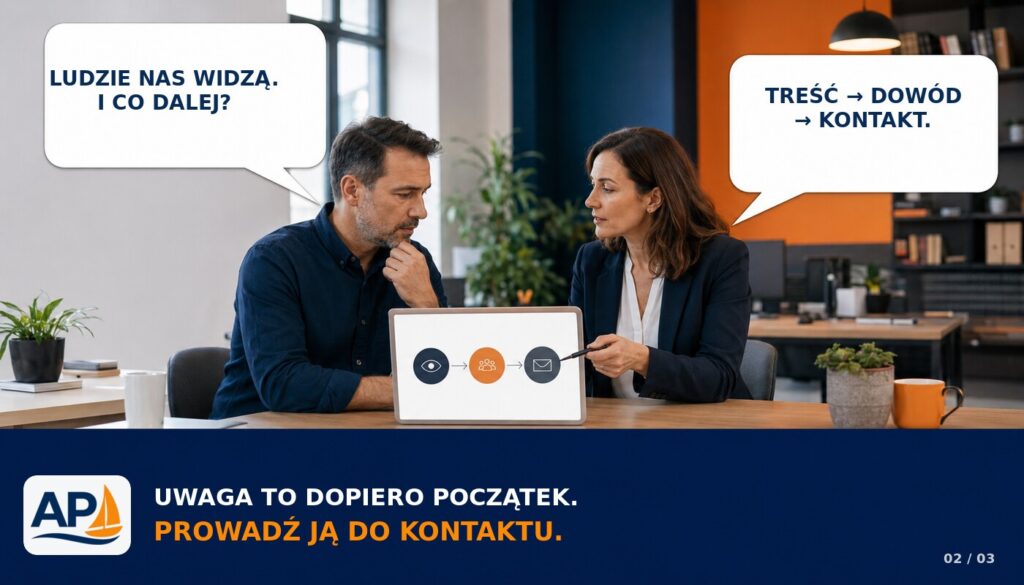 Ekspertka pokazuje właścicielowi firmy drogę od zdobycia uwagi przez dowód wiarygodności do kontaktu z klientem.