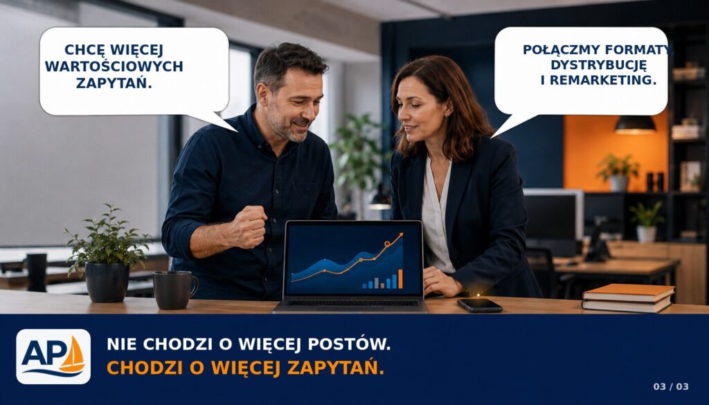 Właściciel firmy i ekspertka analizują rosnące zainteresowanie, pokazując, że celem social mediów są wartościowe zapytania, a nie sama liczba postów.